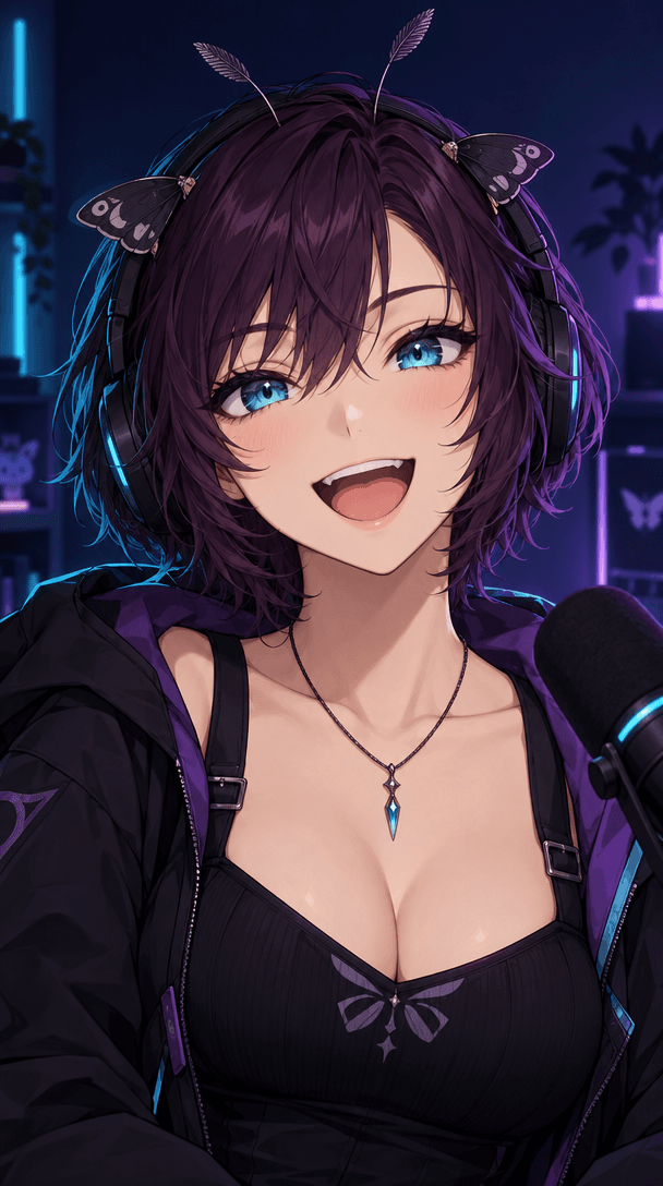 An expressive moth-inspired VTuber avatar in a deep blue streaming scene
